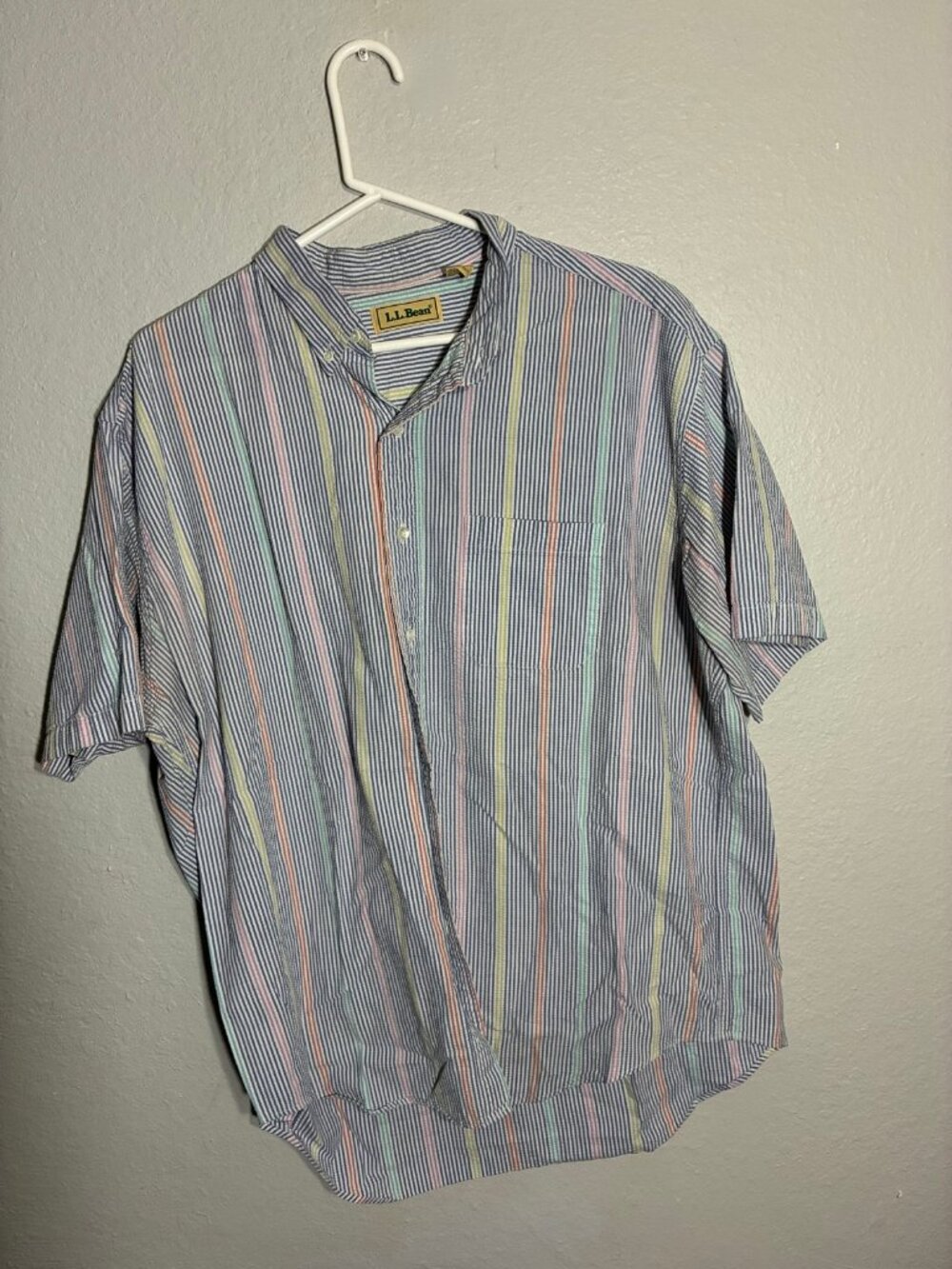 Vintage LL Bean Button Up Shirt Mens XL Seersucker Striped Short Sleeve